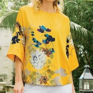 Soft Surroundings Zehra Satin Top 1X Yellow Gold Floral Kimono Sleeve